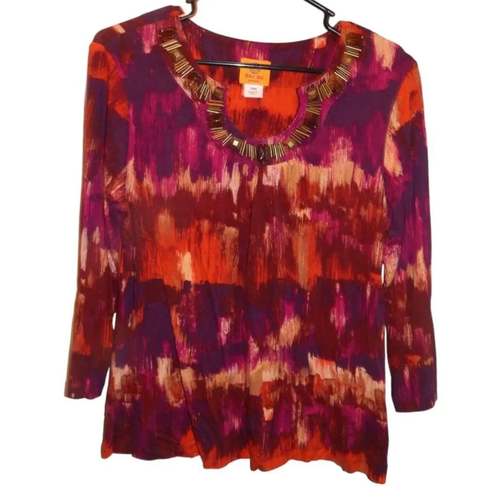 RUBY RD PETITE women's petite medium abstract beaded neckline 3/4 sleeve blouse - Picture 1 of 7